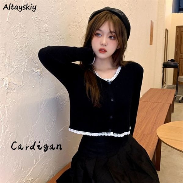 

black cardigan women chic vintage fall slim college girls cropped knitwear all-match ulzzang simple stylish female sweater basic 220818, White;black