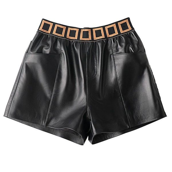 

women's new pu shorts with pocket stretch hight waist with letter pants black white for lady, White;black