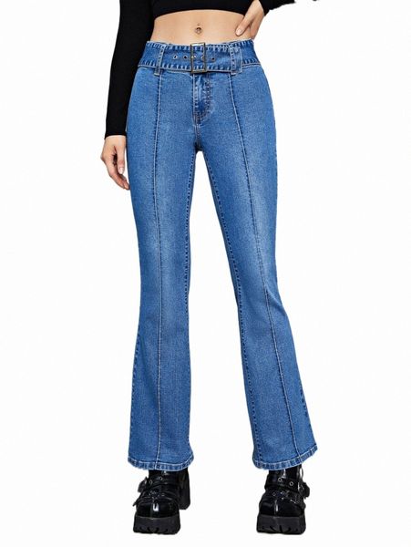 

seam detail buckle flare leg jeans a0ij#, Blue