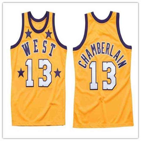 

#13 wilt chamberlain 1972 all star west yellow basketball jersey sewn stitched customize any name and number all size xs-6xl vest jerseys nc, Black