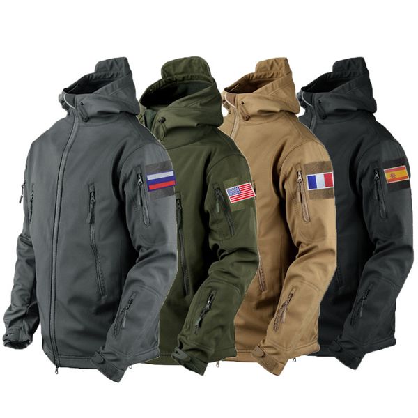 

military shark skin soft shell winter camouflage jacket men tactical windproof waterproof army combat fleece hooded bomber coats 220818, Black;brown