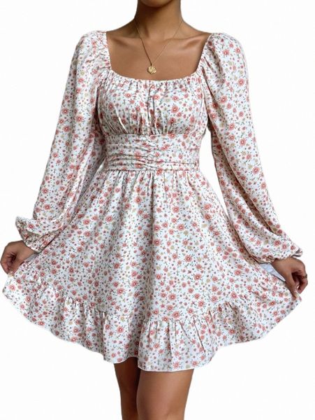 

ditsy floral shirred back bishop sleeve ruffle hem dress g7jh#, Black;gray