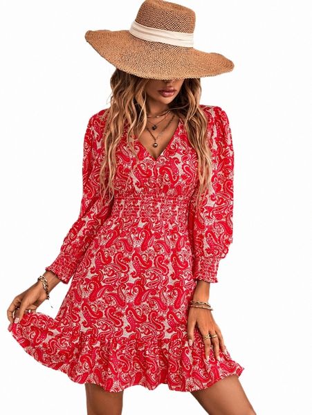 

paisley print shirred waist ruffle hem dress w5la#, Black;gray