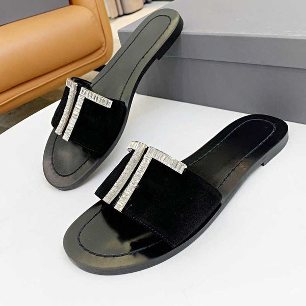 

2022 luxury designer sandals rhinestone buckle slippers women's flat latest fashion suede crystal genuine leather metal decorative wome, Black