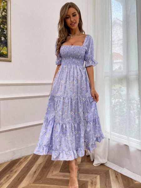 

liti summer women dress ruffle puff sleeve long beach wear zipper pleated allover floral shirred split thigh, Black;gray
