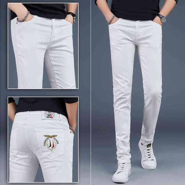 

men's jeans spring and summer hong kong high-end white jeans men's elastic embroidery thickened versatile slim legged pants aofr, Blue