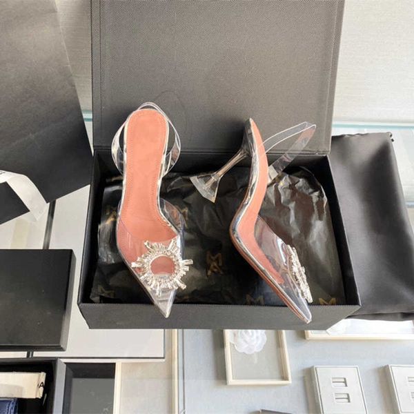 

lady fashion sandal pumps transparent rhinestone crystal slingback strappy shoes high heels thin heeled, Black