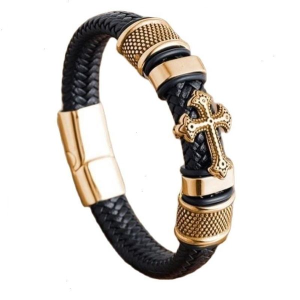 

hand-woven mens leather bracelet strand with magnetic clasp classic vintage cross for men jewelry gifts, Black