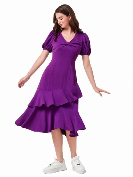 

puff sleeve ruched front ruffle trim dress h5ew#, Black;gray