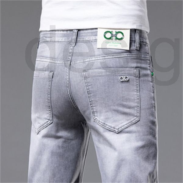 

men's jeans designer new men's jeans small feet slim fashion brand live broadcast light gray washed versatile pants men cciz, Blue