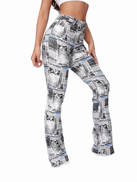 

newspaper print flare leg jeans v7ke#, Blue