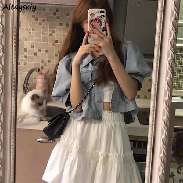 

denim jackets women crop vintage retro puff sleeve loose single breasted basic womens outwear all match ulzzang chic tunic 220818, Black;brown