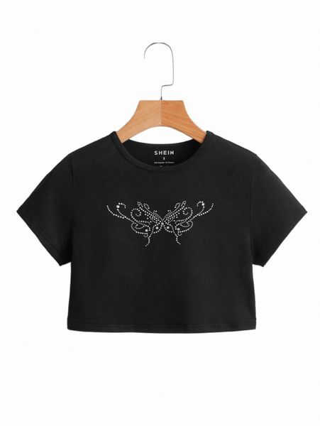 

rhinestone butterfly crop tee 89ee#, White