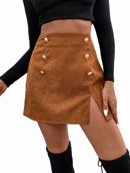 

double button split hem corduroy skirt m41b#, Black