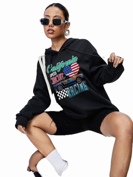 

flag & letter graphic thermal drawstring hoodie e3ui#, Black
