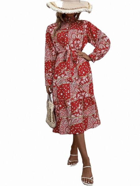 

floral print puff sleeve belted shirt dress b6t1#, Black;gray