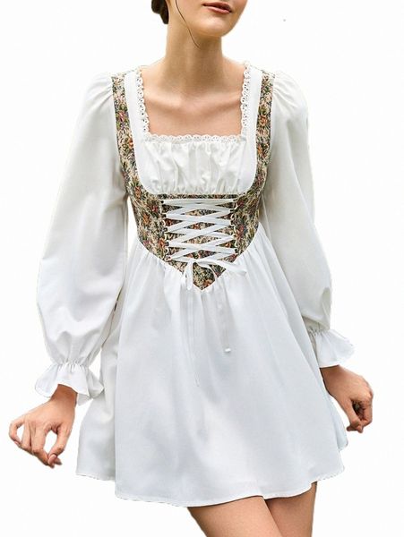 

2 in 1 floral print lace up front schiffy trim dress 96pa#, Black;gray