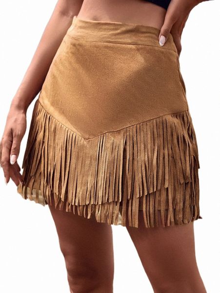 

high waist fringe hem suede skirt 76ia#, Black