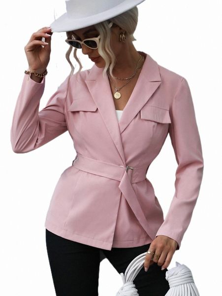 

lapel neck flap detail belted blazer 12ej#, White