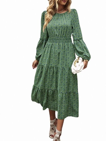 

ditsy floral print shirred waist dress e1t7#, Black;gray