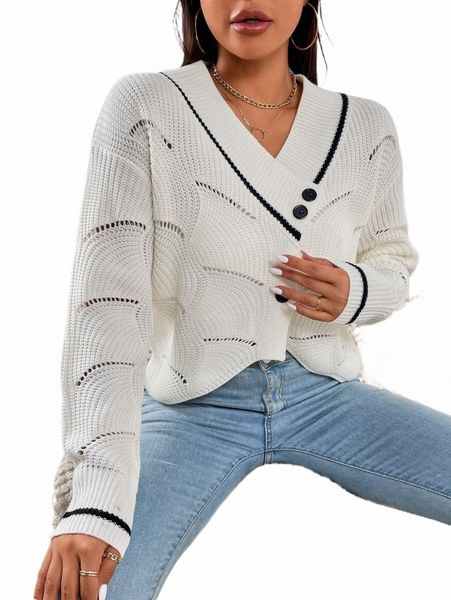 

striped trim drop shoulder pointelle knit cardigan z9gs#, White;black