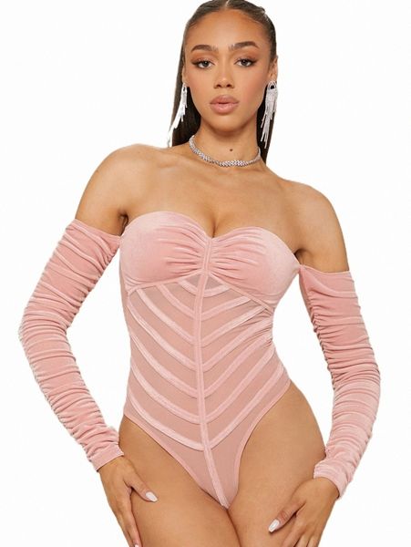 

ruched bust seam front velvet panel sheer mesh bodysuit 93g2#, White