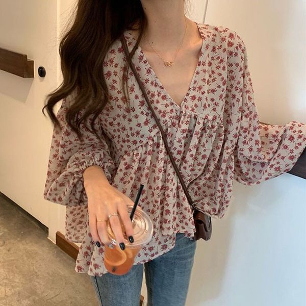 

v-neck chiffon shirt women sweet blouse spring korean floral print long sleeve casual loose slim lady clothes, White