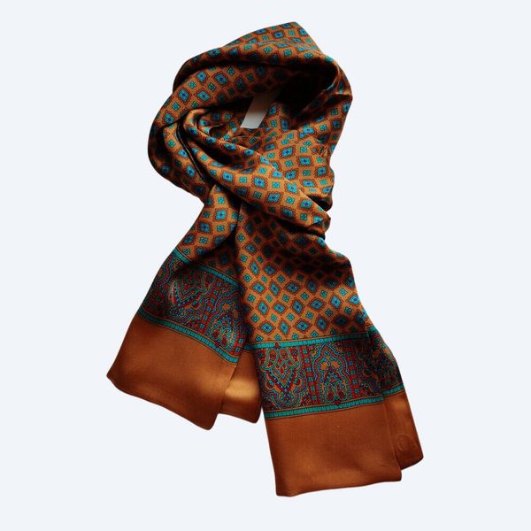 

men's 100% silk scarf double layer long neckerchief cravat smooth brown black, Blue;gray