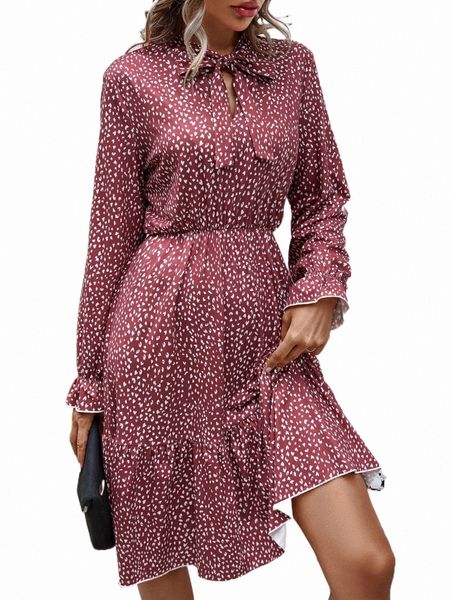 

allover print tie neck ruffle hem dress b7bp#, Black;gray