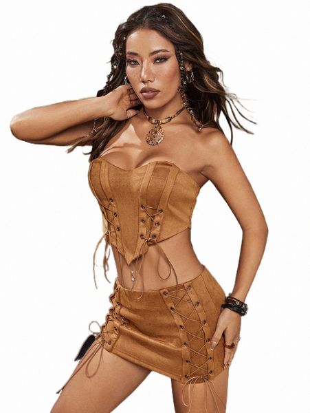 

lace up front tube & bodycon skirt n4va#, White