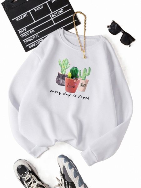 

cactus & slogan graphic thermal lined sweatshirt 81yp#, Black