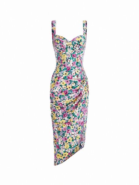 

mod allover floral print ruched asymmetrical hem dress 69zz#, Black;gray