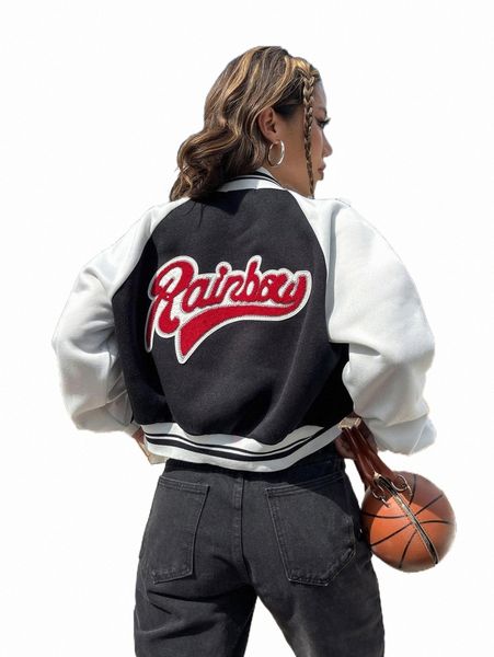 

letter patch detail two tone raglan sleeve varsity jacket b3h2#, Black;brown