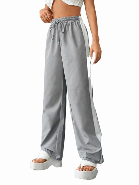 

contrast side seam drawstring waist pants 57oh#, Black;white