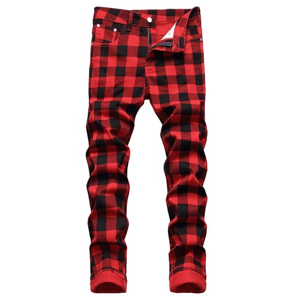 

men red plaid printed pants fashion slim stretch jeans trendy plus size straight trousers 220818, Blue