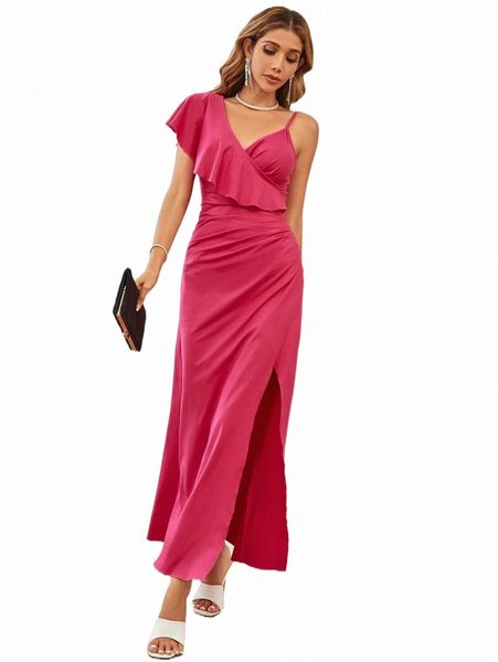 

asymmetrical neck ruffle trim split thigh dress m20x#, Black;gray