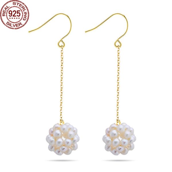 

charm s925 silver stud earrings charmss baroque pearl flower ball charms korean version fashion simple long ear line jewelry girl, Golden
