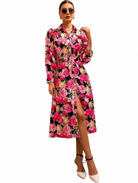 

floral print belted shirt dress h32j#, Black;gray