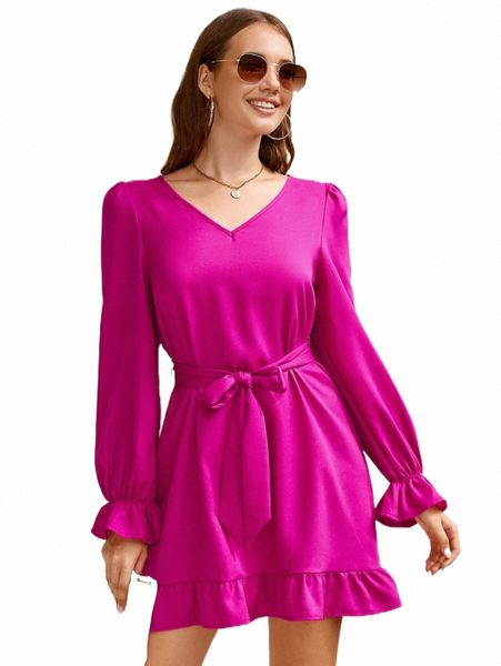 

flounce sleeve belted ruffle hem dress n3ir#, Black;gray