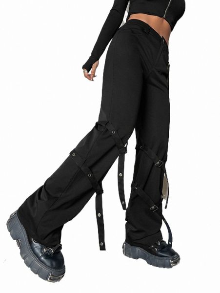 

grommet eyelet buckle detail wide leg pants h3hw#, Black;white