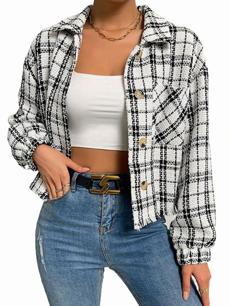 

plaid patched pocket drop shoulder jacket e4ul#, Black;brown