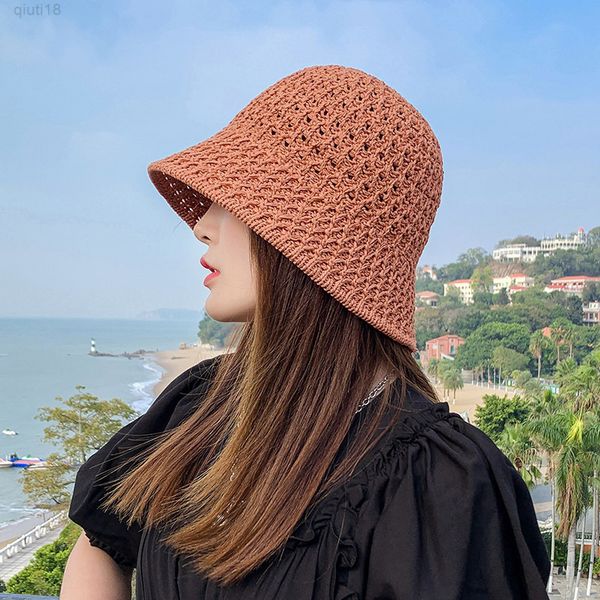 

new solid color handmade crochet floppy summer hats for women hollow out knit dome bucket hat wide brim foldable beach caps y220818, Blue;gray
