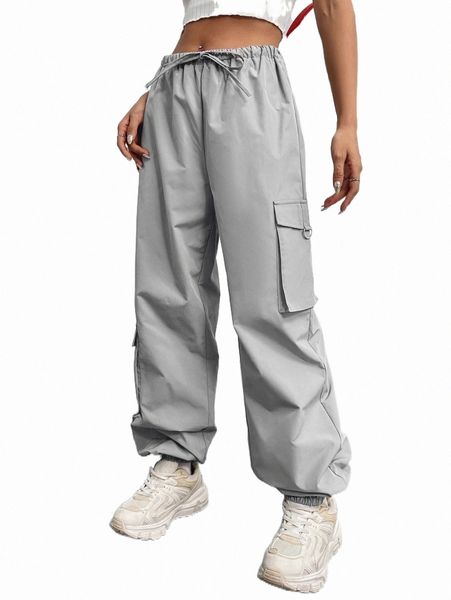 

drawstring waist flap pocket cargo pants x5la#, Black;white