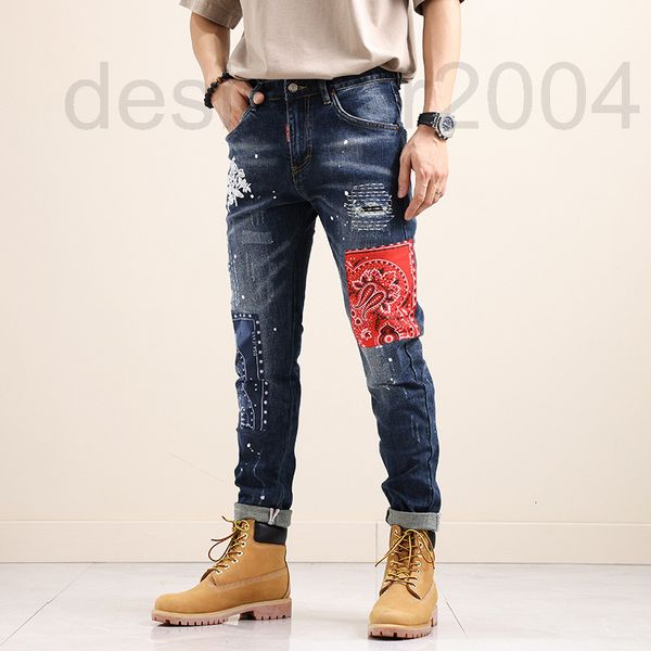 

men's jeans designer youth elastic small leg jeans men's tear patch spray painted tide brand splicing pants 30ey, Blue