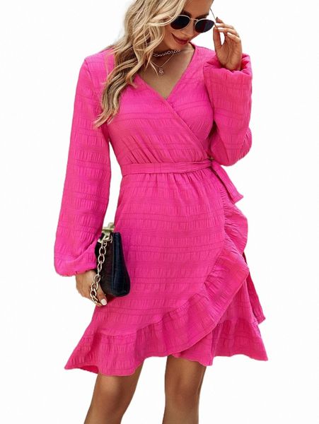

lantern sleeve ruffle trim wrap knot side dress h3dj#, Black;gray