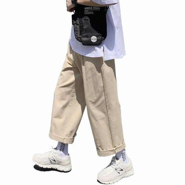 

men's pants straight ankle-length 2022 fashion casual oversize solid color trousers harajuku streetwear o14w#, Black
