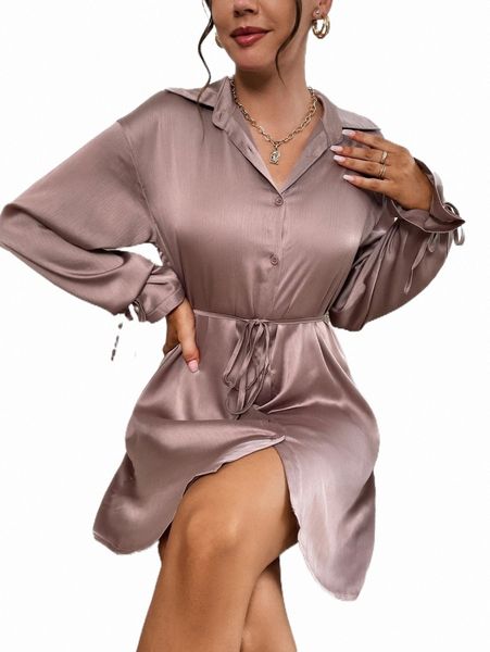 

knot cuff button up belted satin shirt dress 56gz#, Black;gray