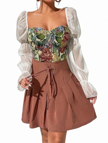 

floral print gathered sleeve grommet lace up front 2 in 1 dress r0ec#, Black;gray