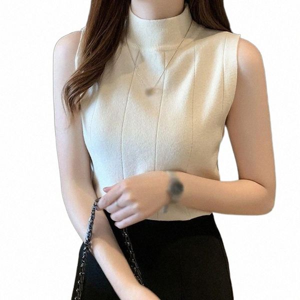 

casual half turtleneck t shirt korean fashion sleeveless tee women solid shirts women's t-shirt x9zm#, White