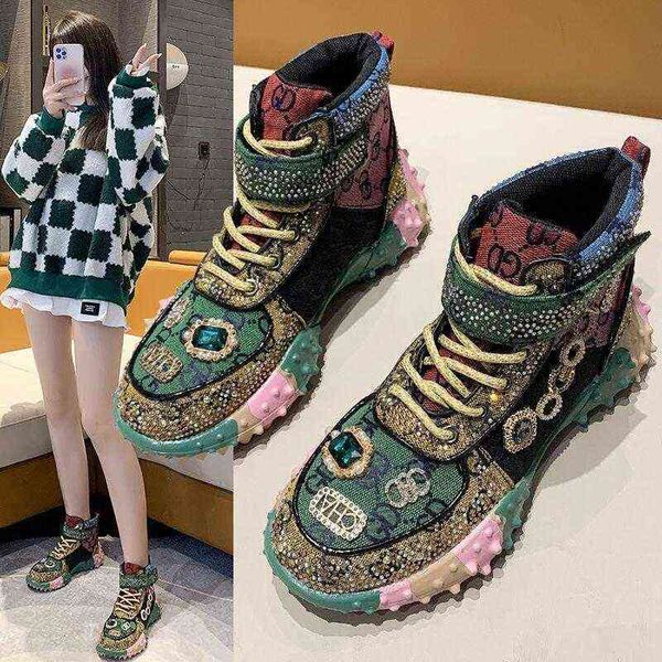 

new women's shoes hip-hop full diamond color matching dad high-fashion all-match letters casual girls boots 220815, Black